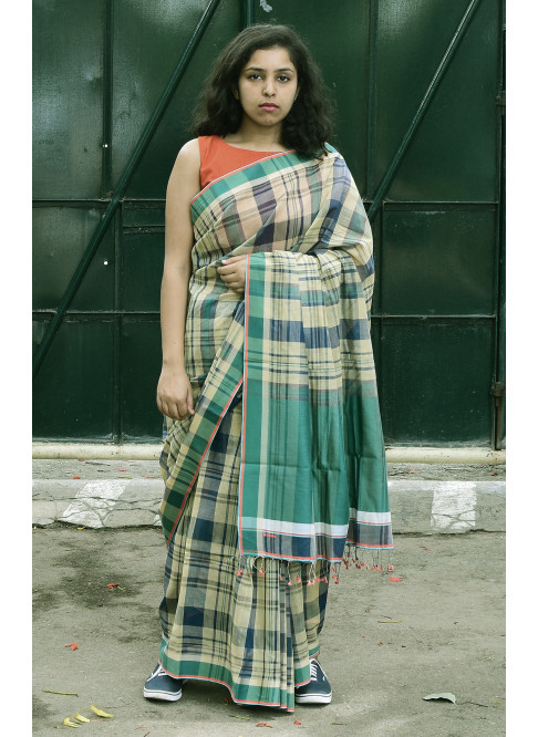 Multicolour, Handwoven Organic Cotton, Textured Weave , Jacquard, Work Wear, Checked  Saree
